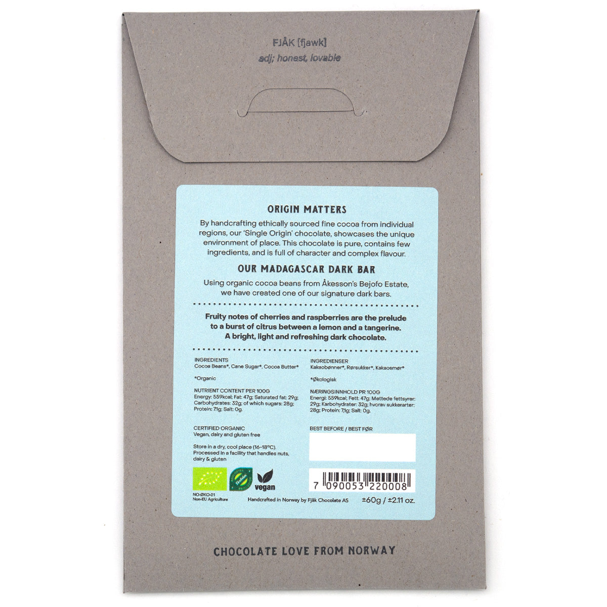 Fjak Madagascar 70% Cacao Dark Chocolate Bar - 60g