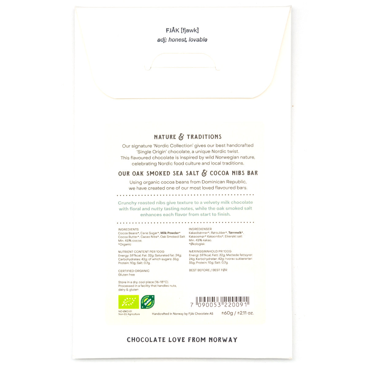 Fjak Oak Smoked Salt and Cocoa Nibs 45% Milk Chocolate Bar - 60g