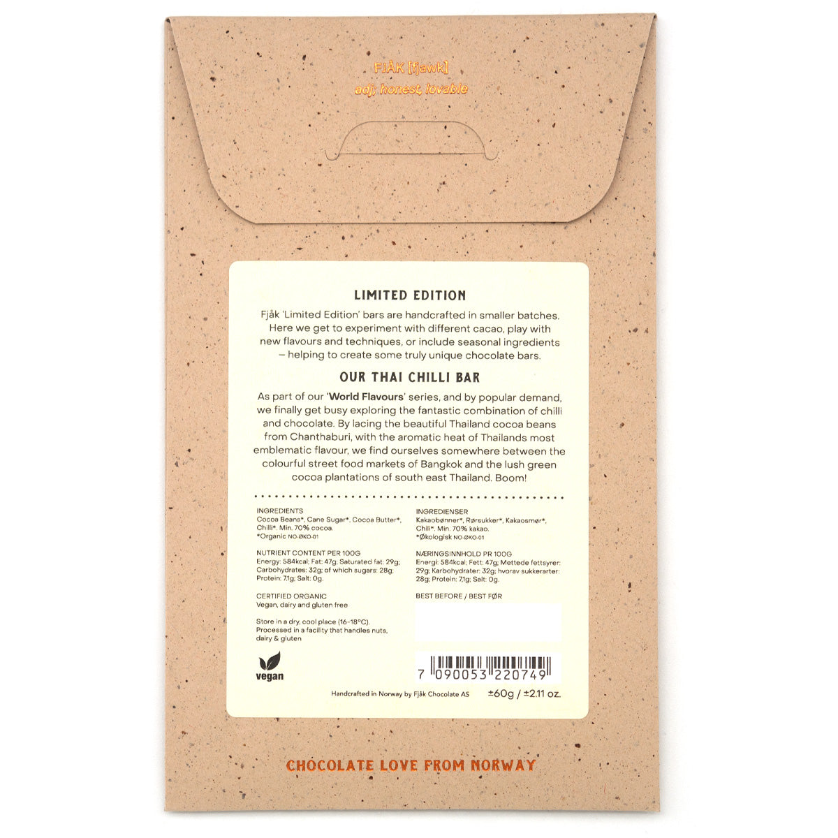 Fjak Thai Chili 70% Cacao Dark Chocolate Bar - 60g