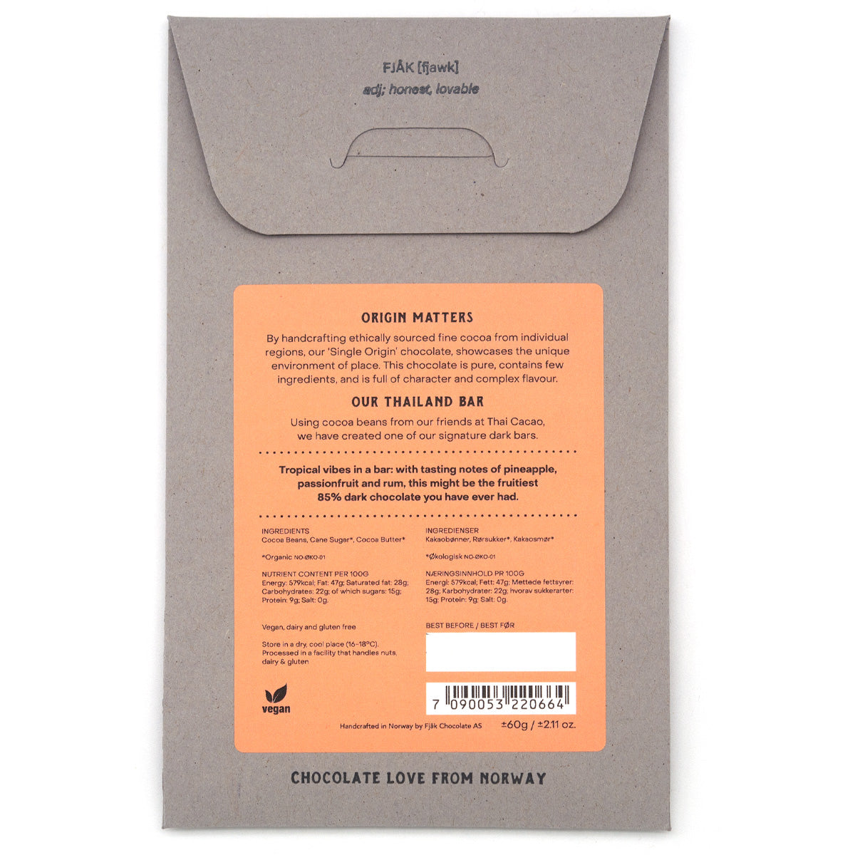 Fjak Thailand 85% Single Origin Dark Chocolate Bar - 60g