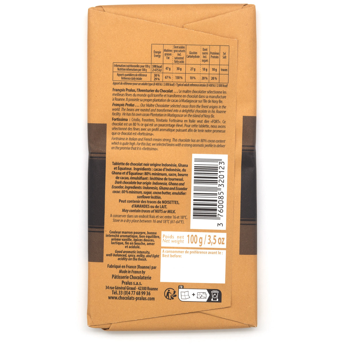 Pralus Fortissima 80% Single Origin Dark Chocolate Bar - 100g