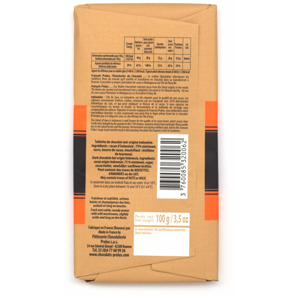 Pralus Indonesie 75% Single Origin Dark Chocolate Bar - 100g