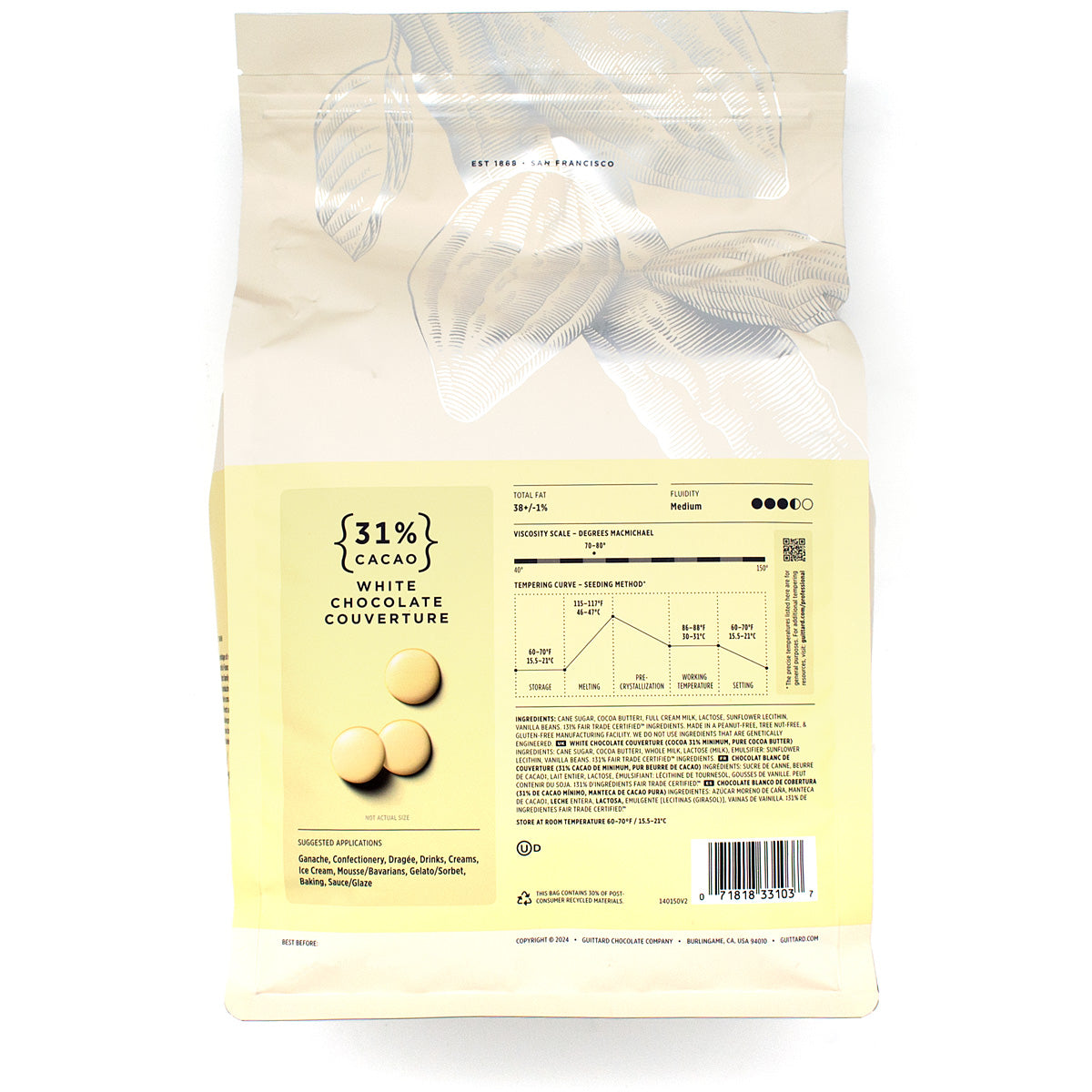 Guittard Creme Francaise 31% White Chocolate Couverture Wafers