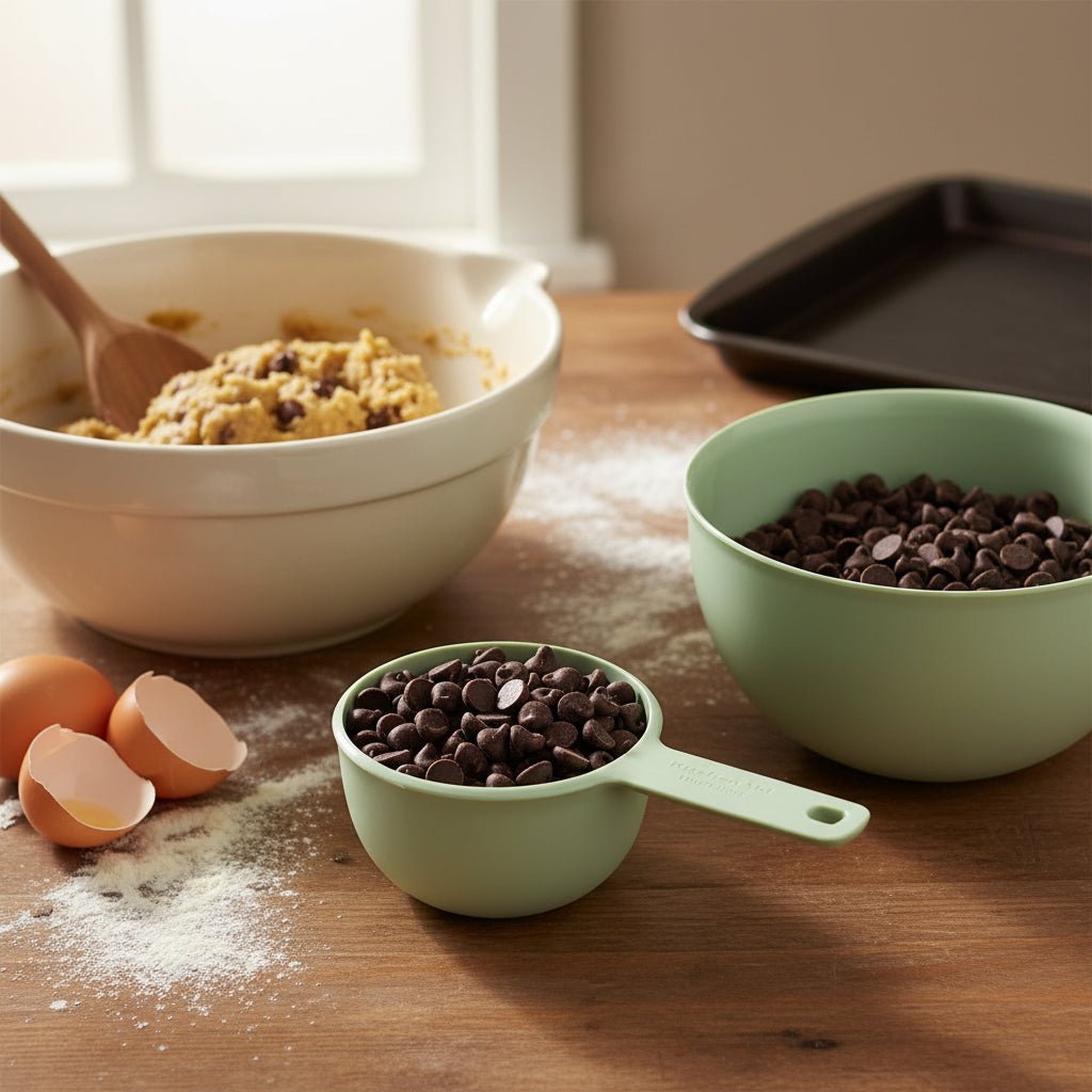 A mint green measuring cup and matching bowl filled with dark chocolate chips, photographed in a kitchen.