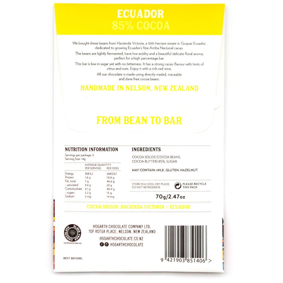 Hogarth Ecuador 85% Single Estate Dark Chocolate Bar - 70g