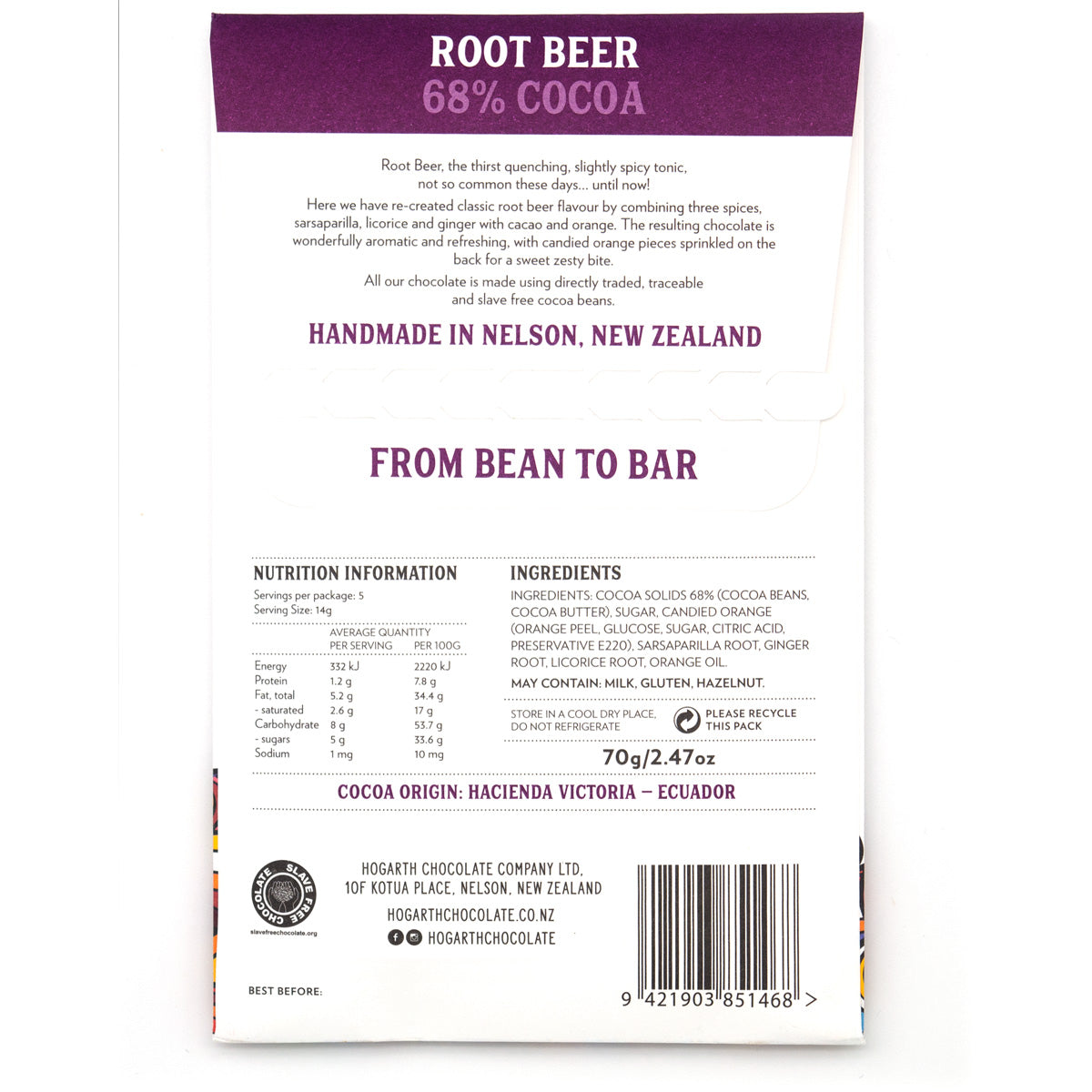 Hogarth Root Beer 68% Dark Chocolate Bar - 70g