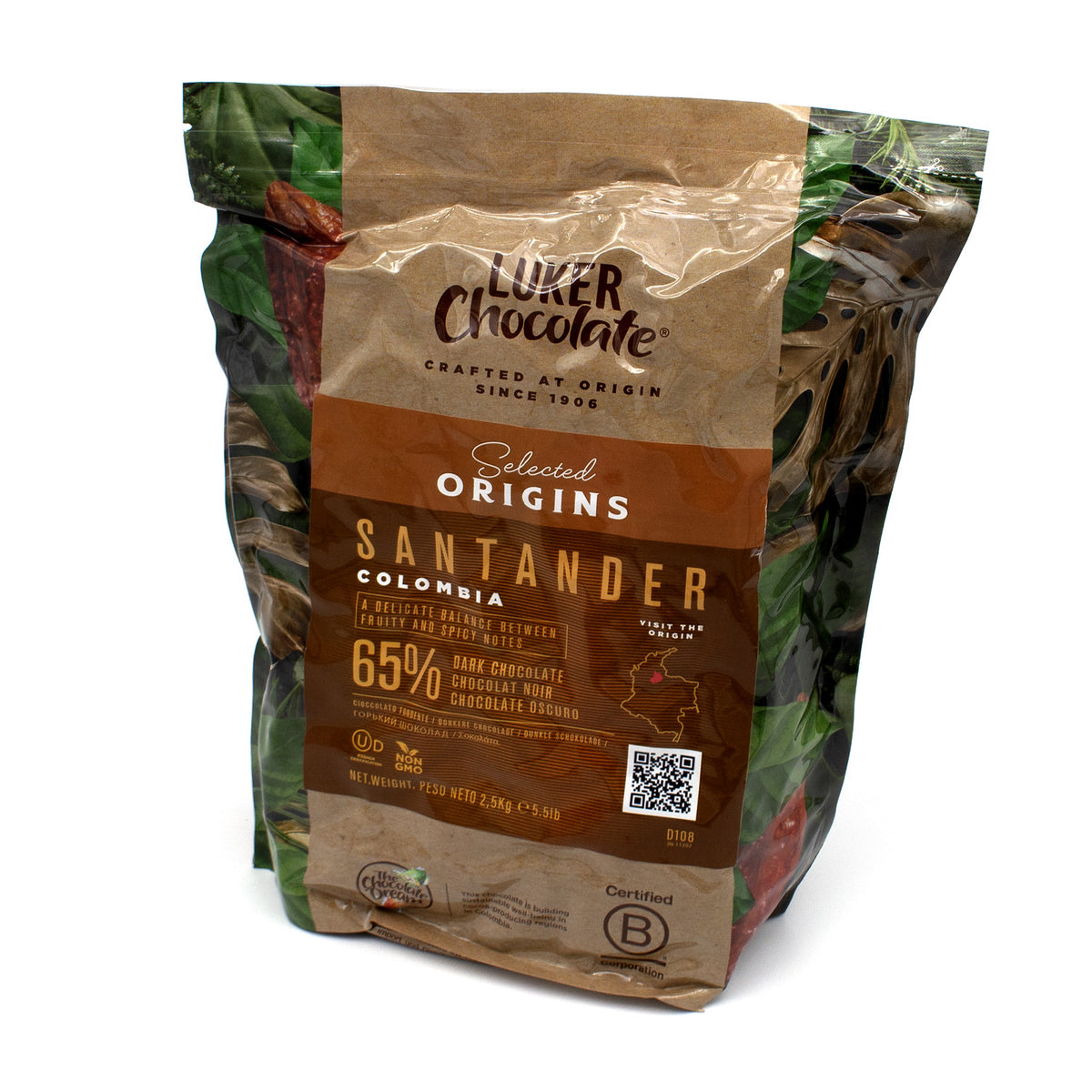 A 2.5 kg bag of Luker Chocolate Selected Origins Santander Colombia 65% dark chocolate, featuring a design with brown & beige tones.