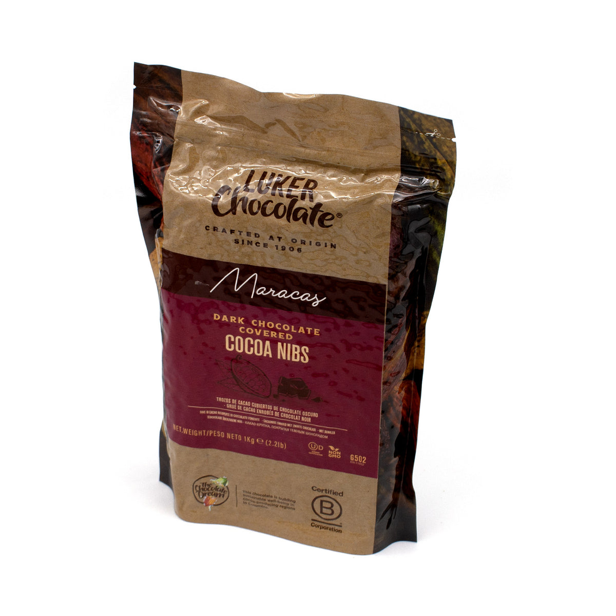 A bag of Luker Chocolate Maracas Dark Chocolate Cocoa Nibs on a white background.