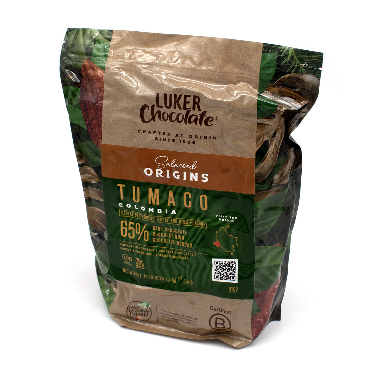 A bag of Luker Chocolate Selected Origins Tumaco 65% dark chocolate, shown on a clean white background.