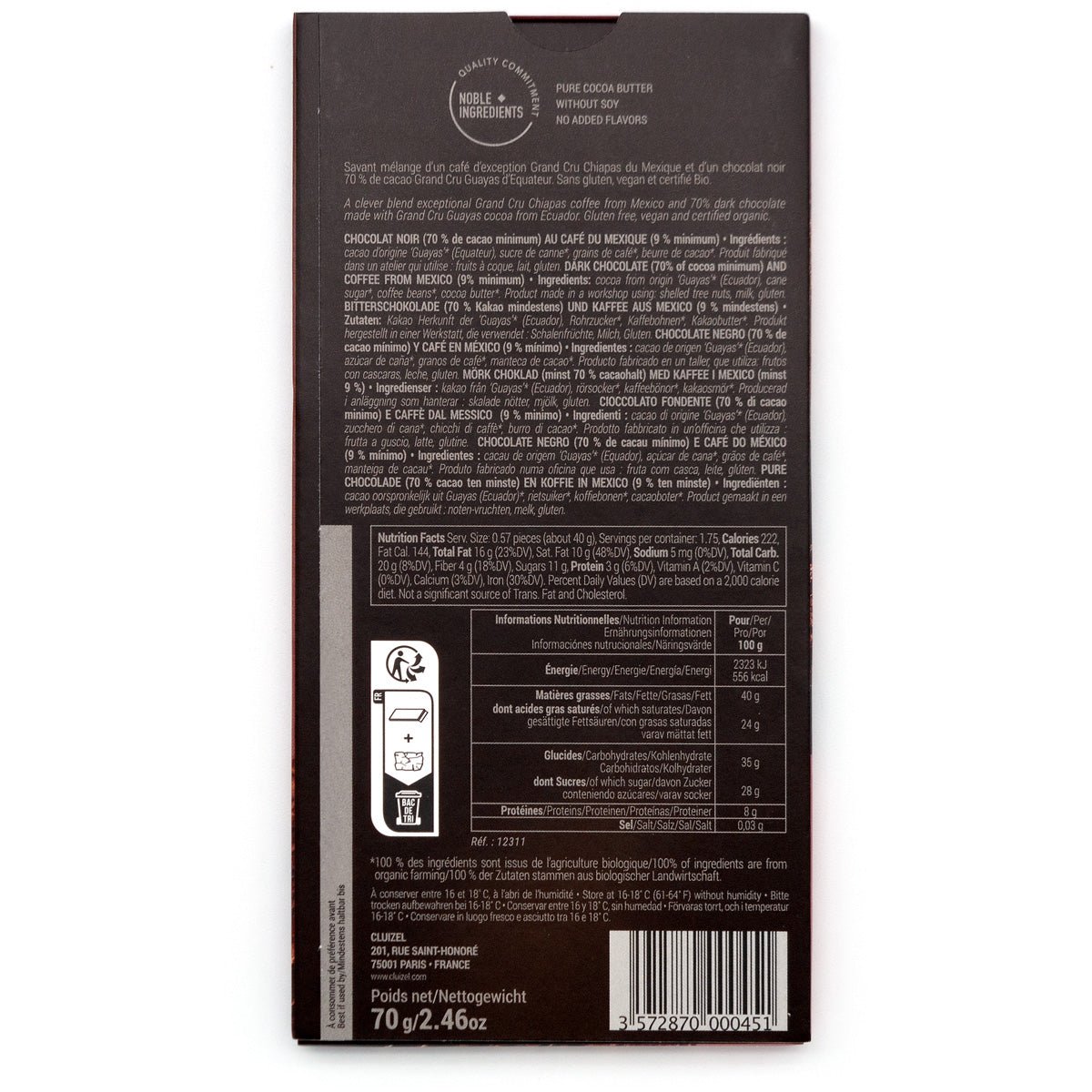 Michel Cluizel Café BIO 70% Single Origin Dark Chocolate & Coffee Bar - 70g