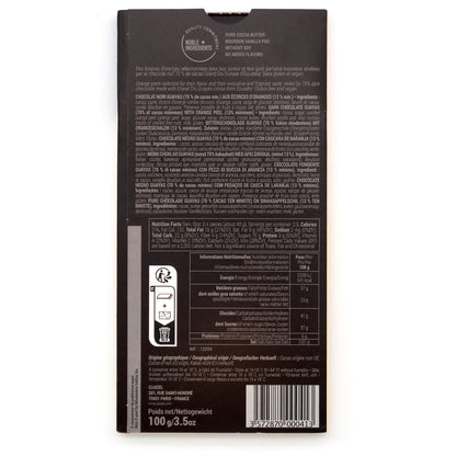 Back view of a dark chocolate bar packaging with text and symbols on a white background
