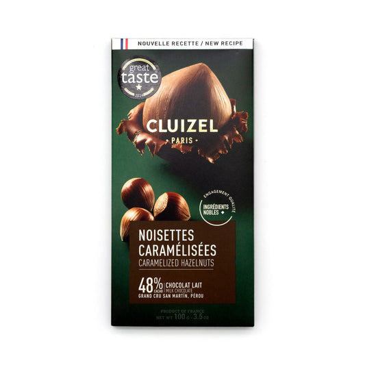 Cluizel Caramelized Hazelnuts chocolate bar packaging on a white background