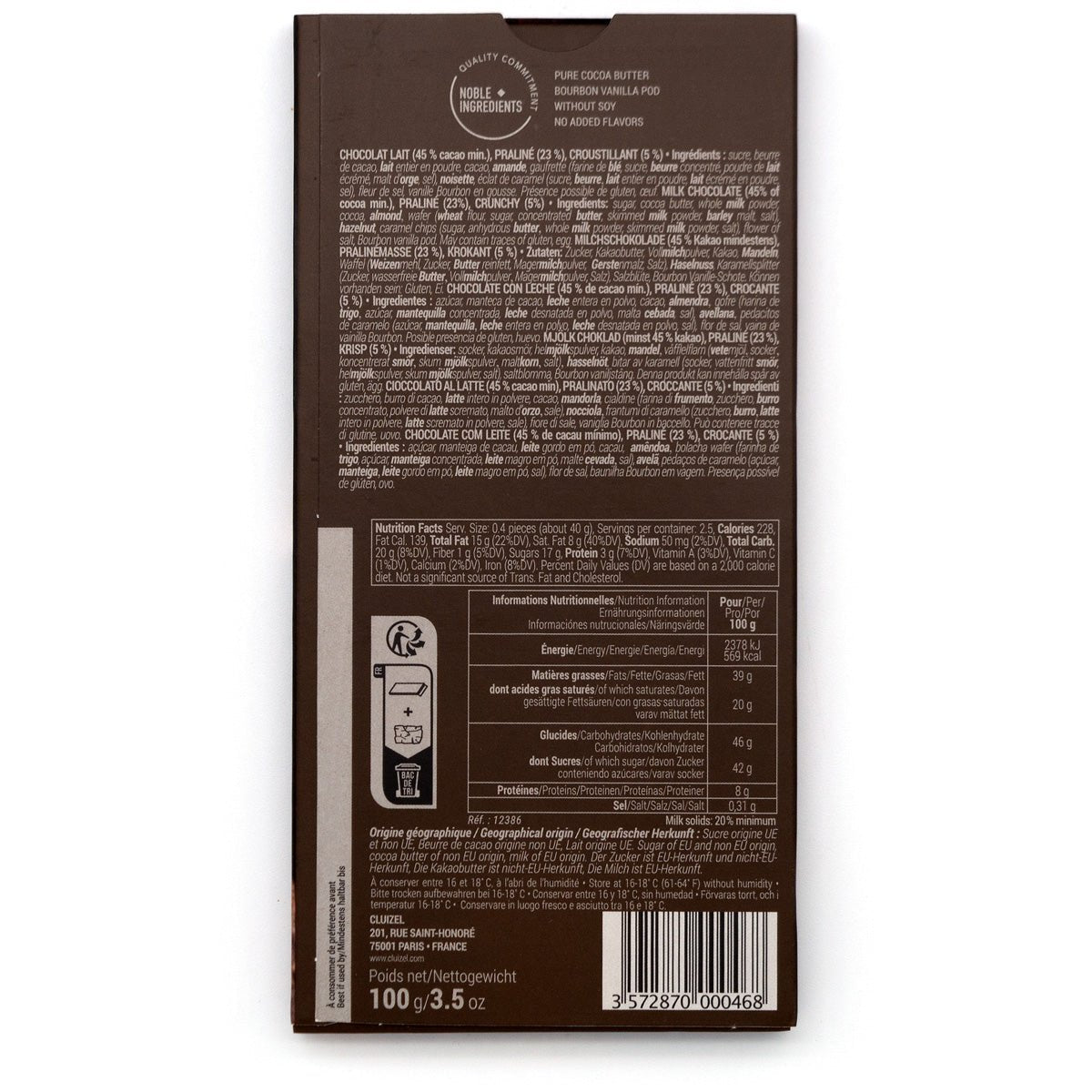Chocolate bar packaging with nutritional information on a white background