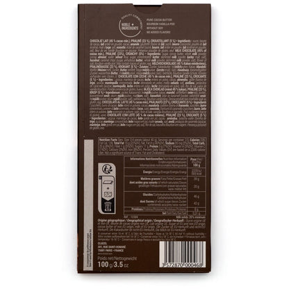 Chocolate bar packaging with nutritional information on a white background