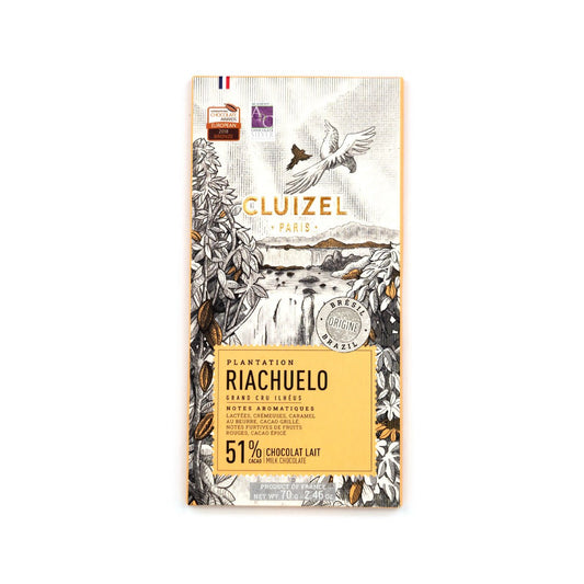 Cluizel chocolate bar packaging with illustrations and text on a white background