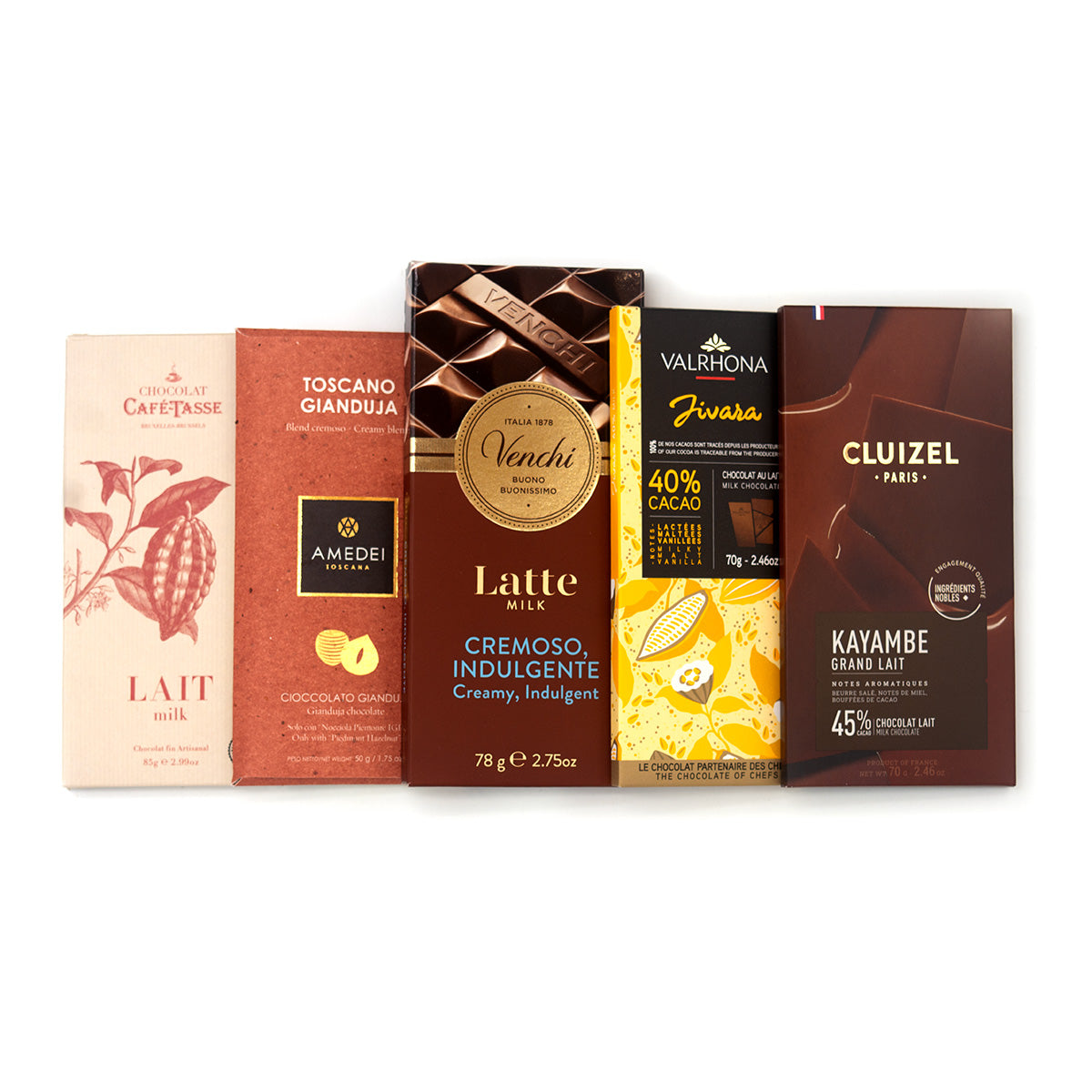 Collection of chocolate bars with various brands on a white background