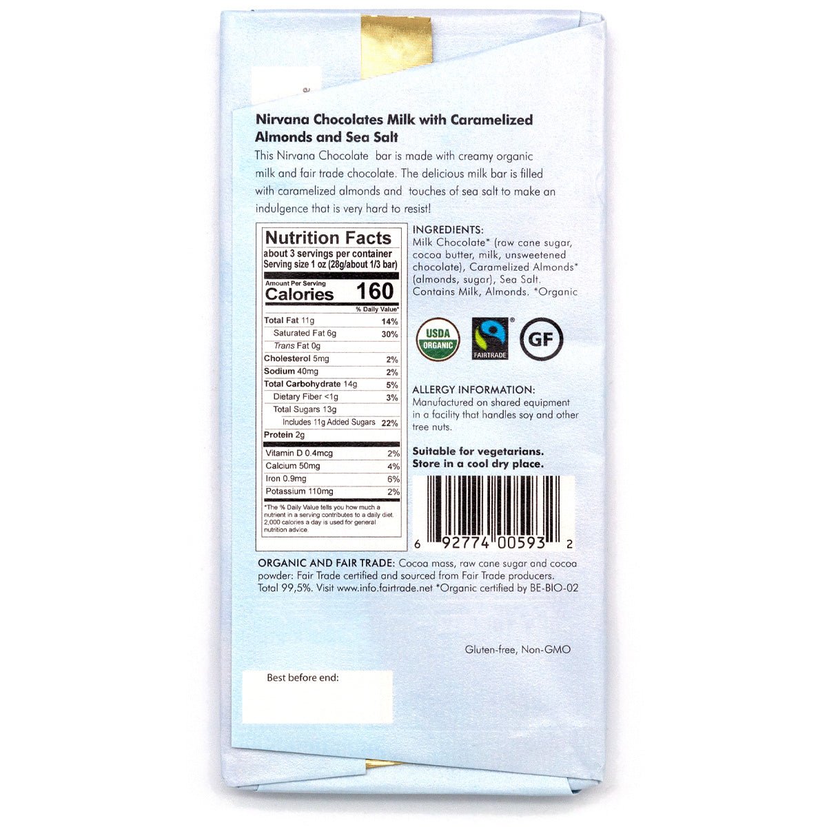 Nirvana Caramelized Almonds & Sea Salt Organic 40% Milk Chocolate Bar - 100g