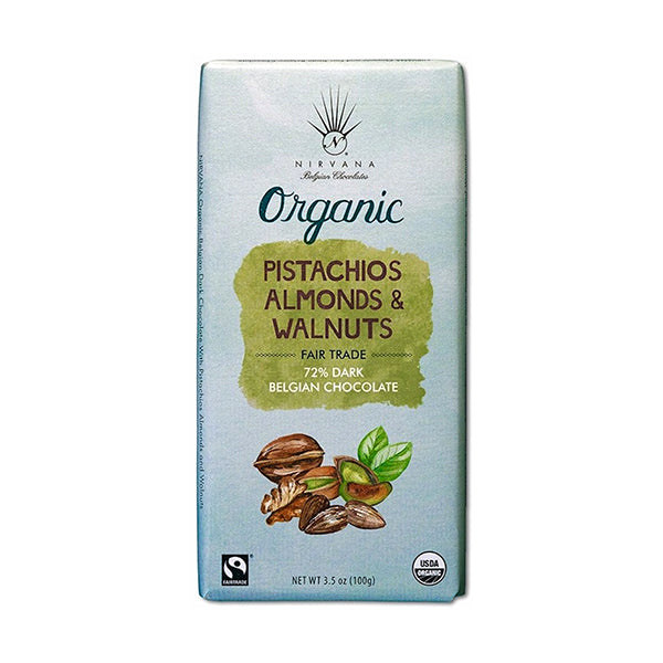 Nirvana Pistachios, Almonds & Walnuts Organic 72% Dark Chocolate Bar - 100g