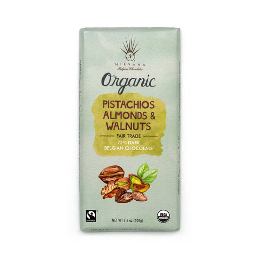Nirvana Pistachios, Almonds & Walnuts Organic 72% Dark Chocolate Bar - 100g