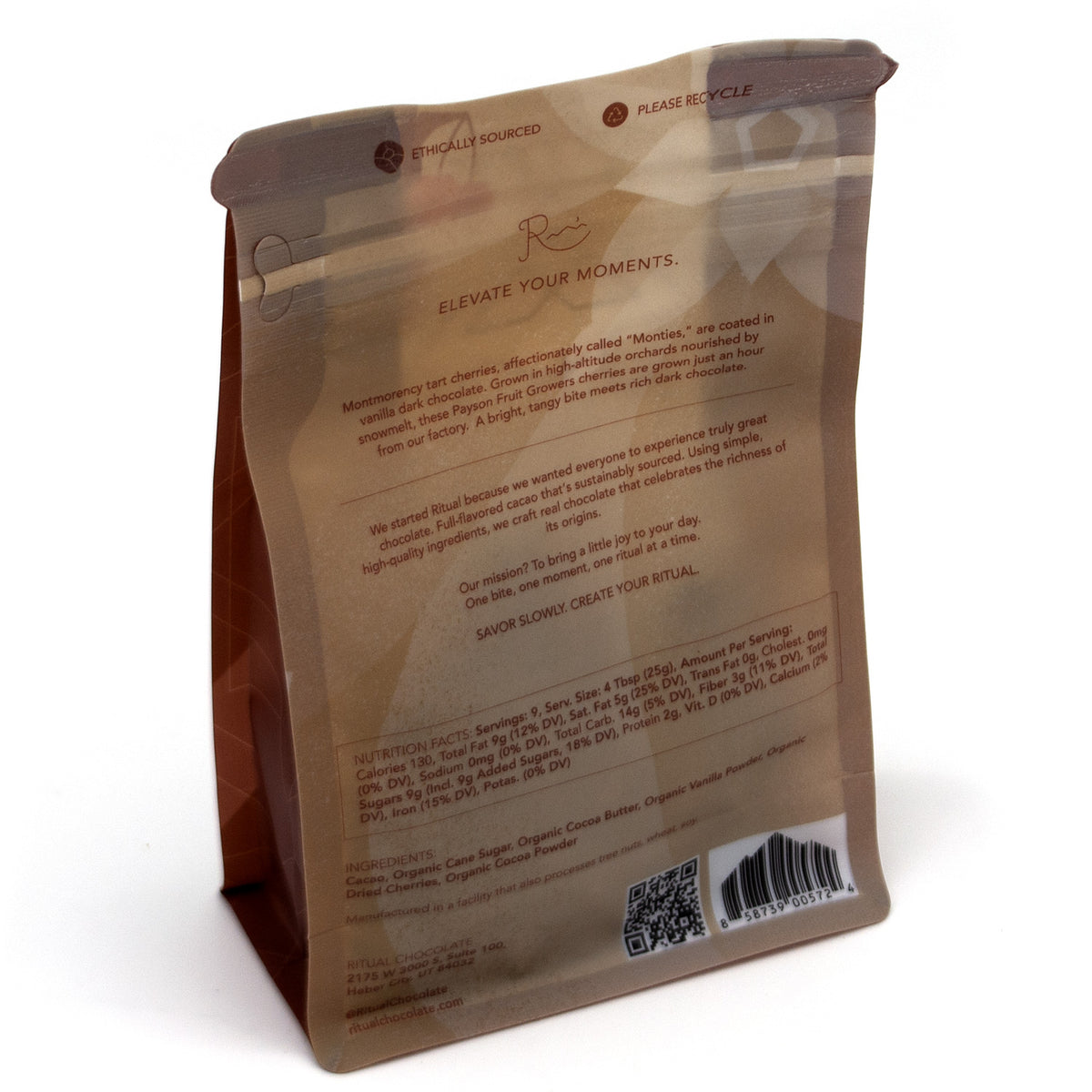 The back of a brown stand-up pouch with printed text, a barcode, and a small logo near the top, photographed on a white background.