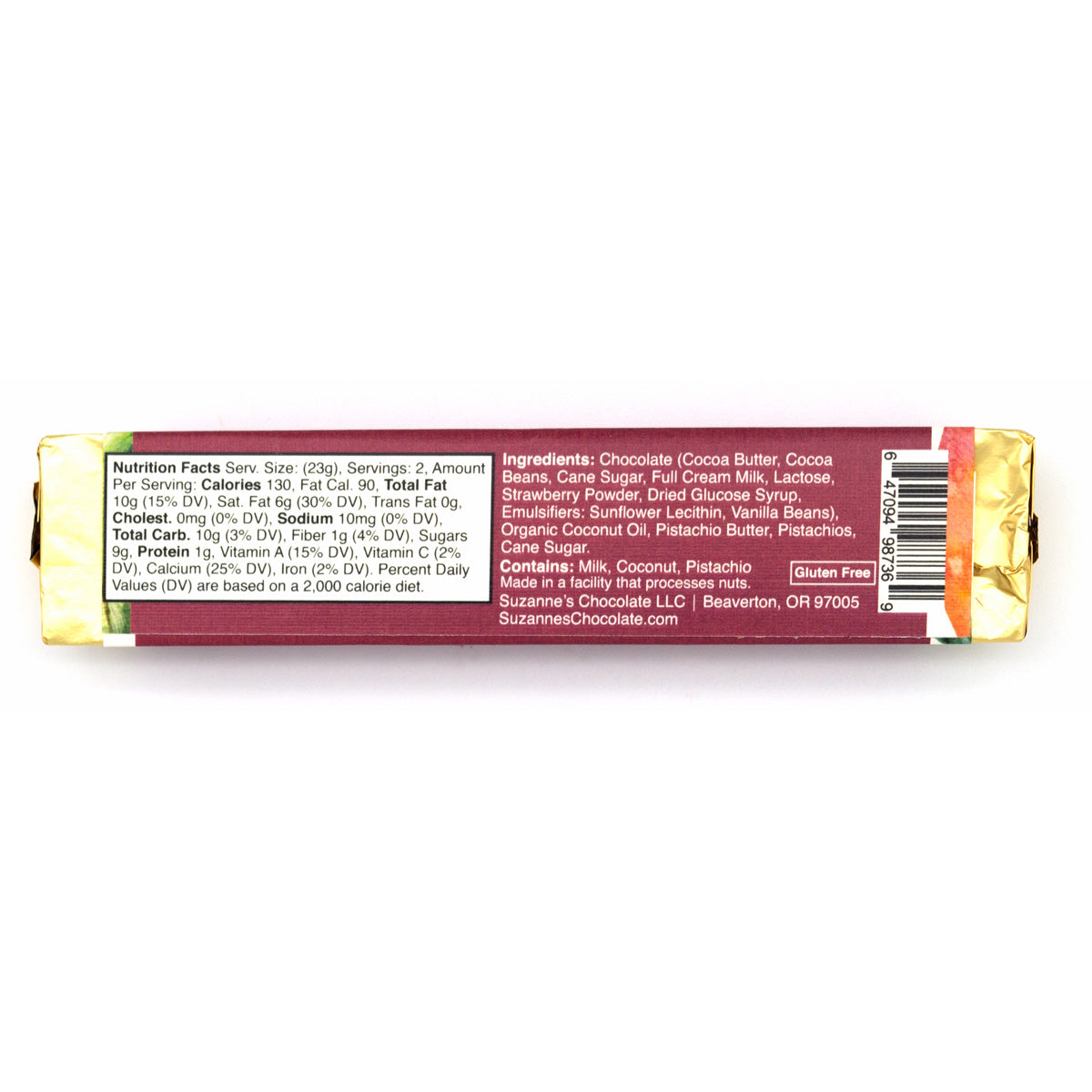 Suzanne's Chocolate Strawberry Pistachio 61% Dark Chocolate Bar - 45g