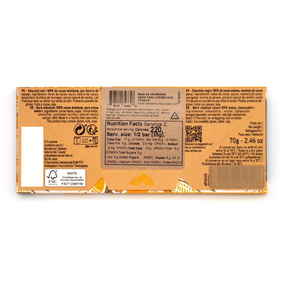 Valrhona Abinao 85% Dark Chocolate Bar - 70g – Chocosphere