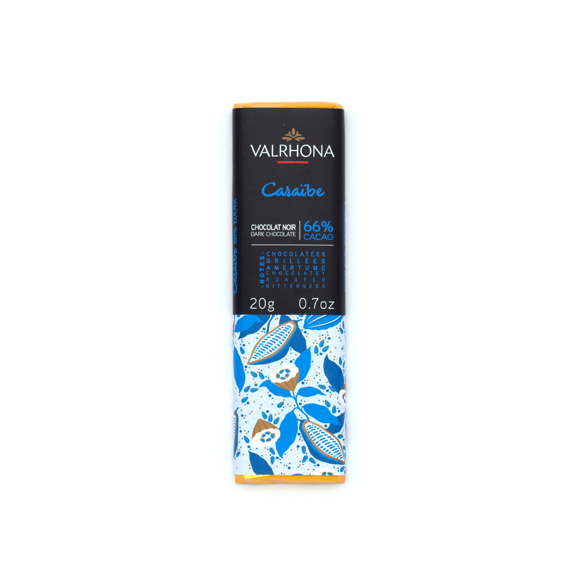 Valrhona Caraïbe 66% Dark Chocolate Mini-Bar - 20 grams with blue and white design on a white background
