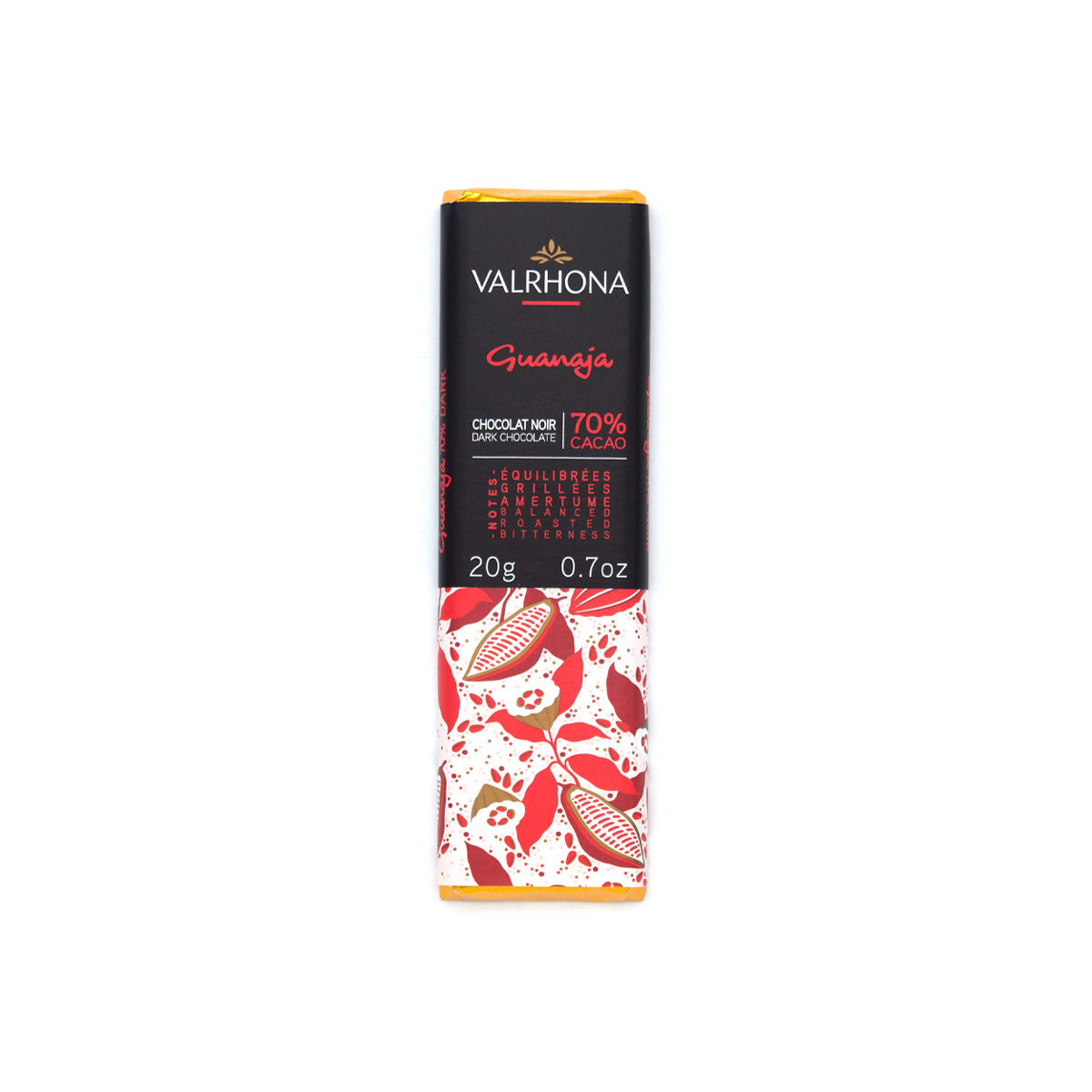 Valrhona Guanaja 70% Dark Chocolate Mini-Bar - 20 grams packaging with black label and red and white design