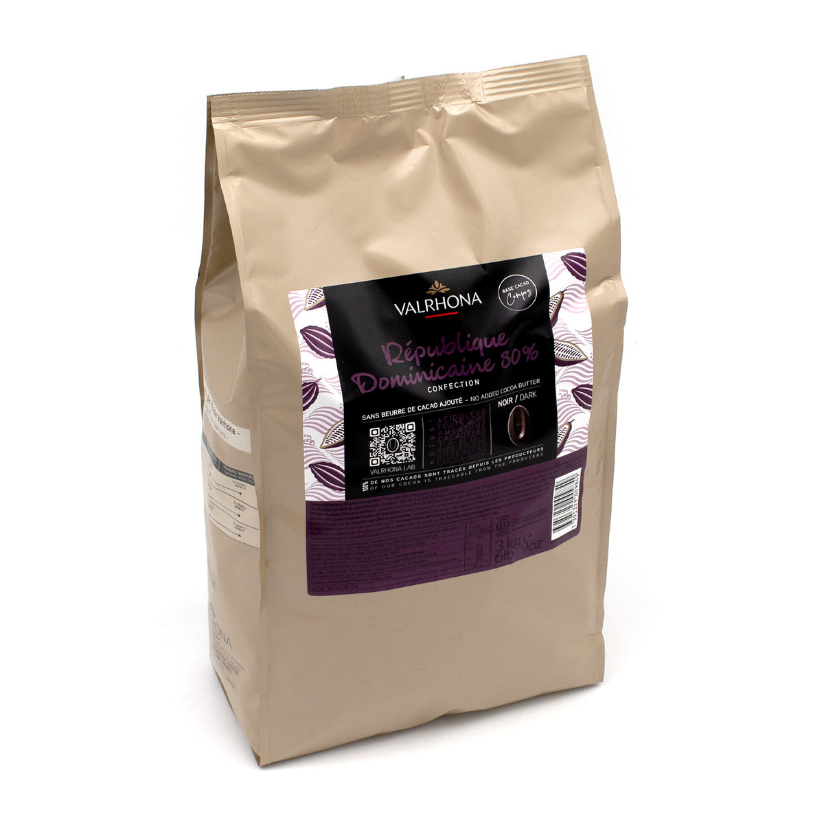 A 3 kg bag of Valrhona Republique Dominicaine 60% Chocolate feves, in a metallic beige stand-up pouch with a black and purple label.