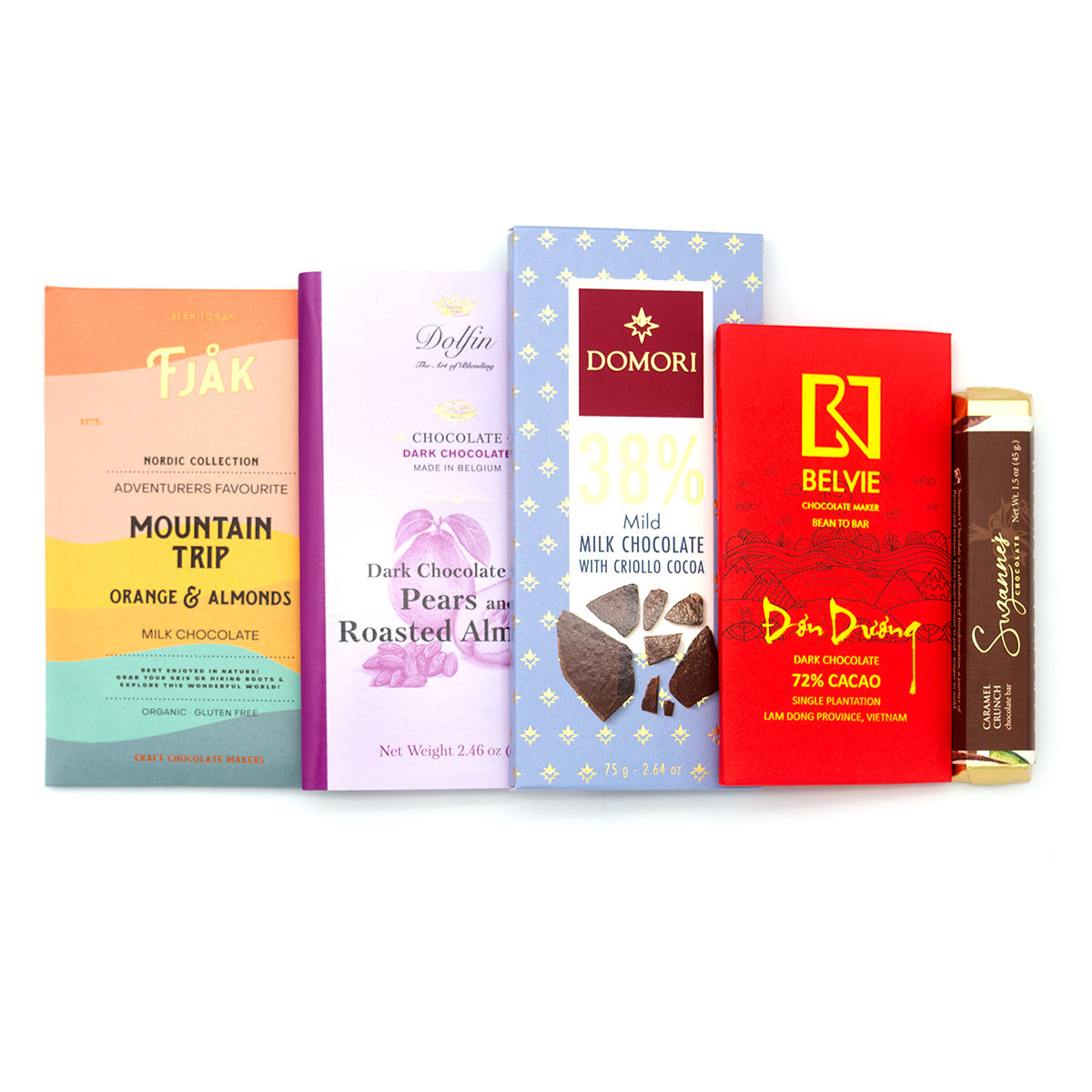 Collection of various chocolate bars with colorful packaging on a white background