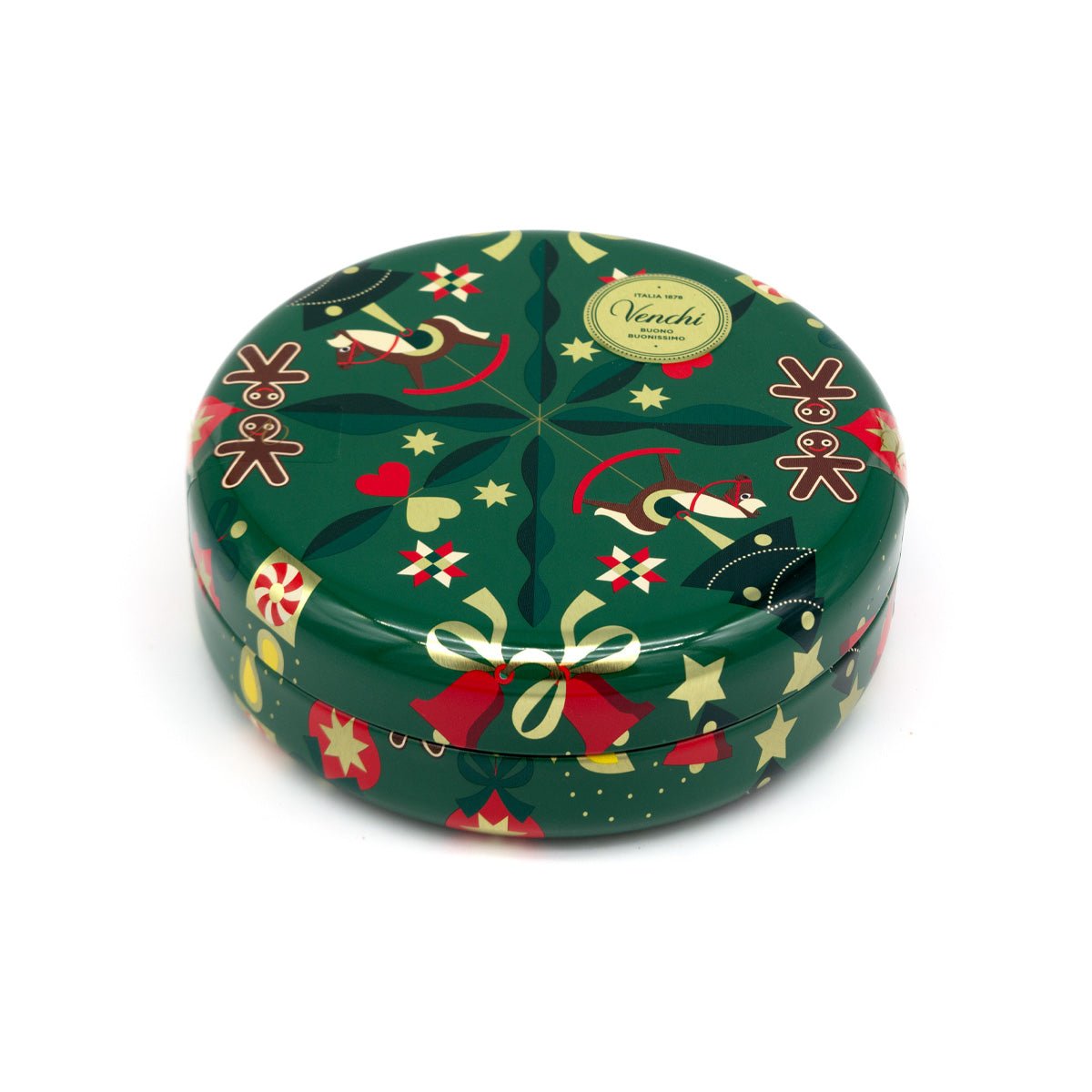 Venchi Alice Hoffman Round Metal Christmas Tin with Milk & Dark Chocolate Comets - 7 pc - 86g