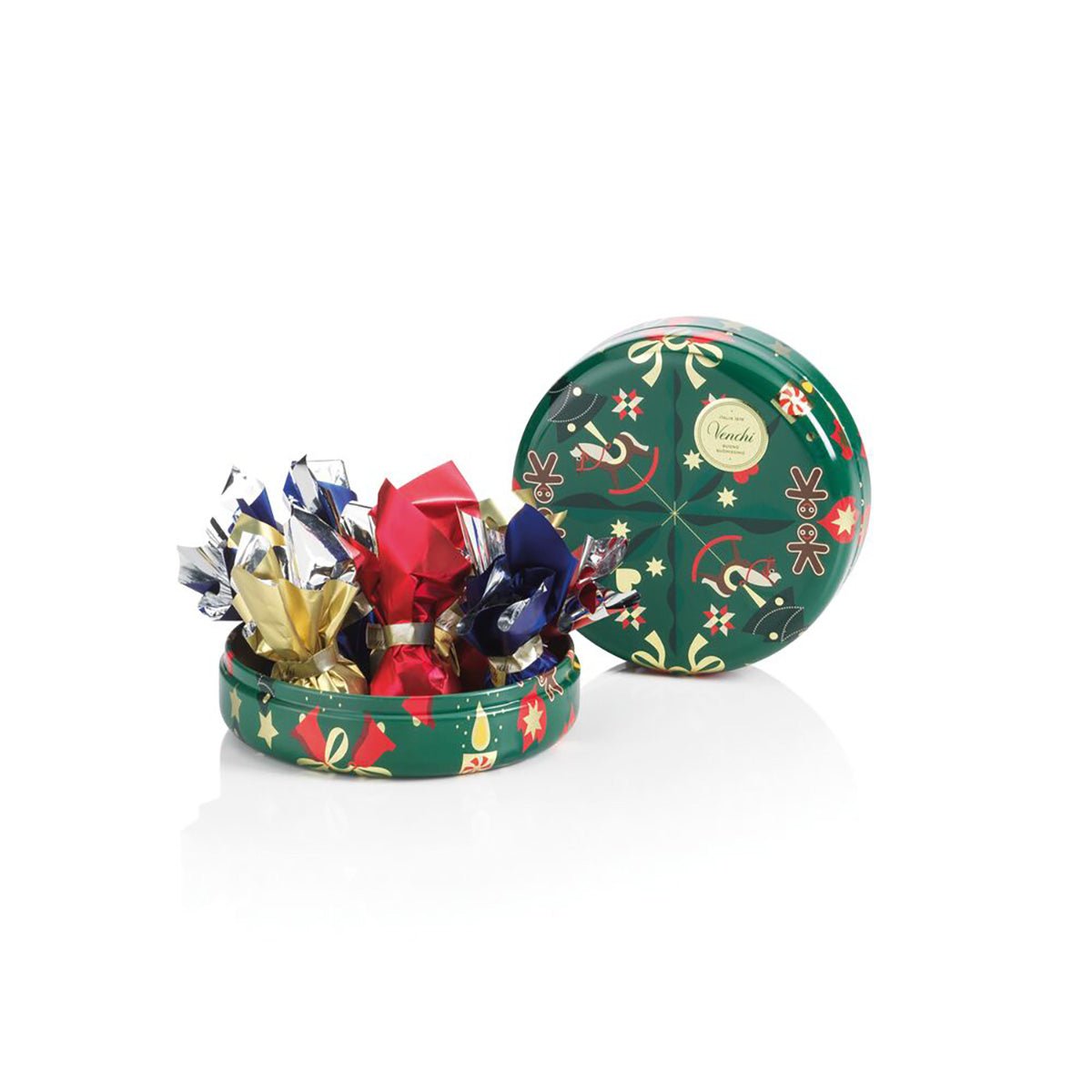 Venchi Alice Hoffman Round Metal Christmas Tin with Milk & Dark Chocolate Comets - 7 pc - 86g