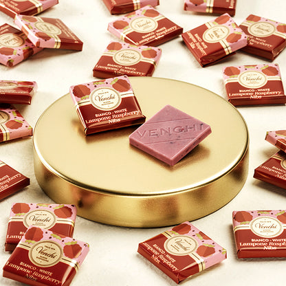 Venchi Bianco Lampone 31% White Chocolate with Raspberry & Nibs Napolitains