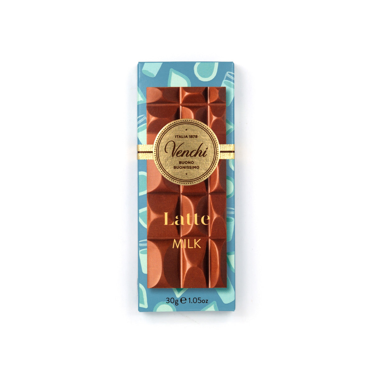 Venchi milk chocolate bar packaging with blue background