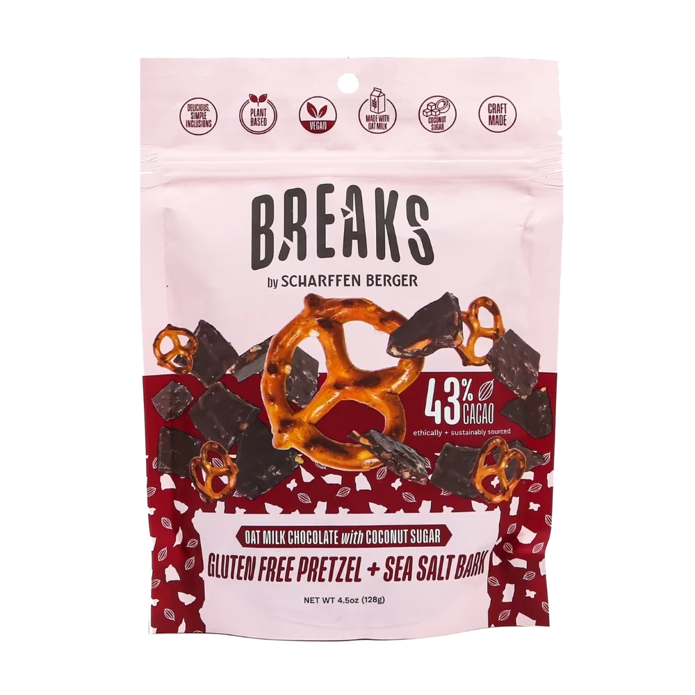 43% Oat Milk Chocolate with Coconut Sugar and Pretzels Bark Pouch 128g