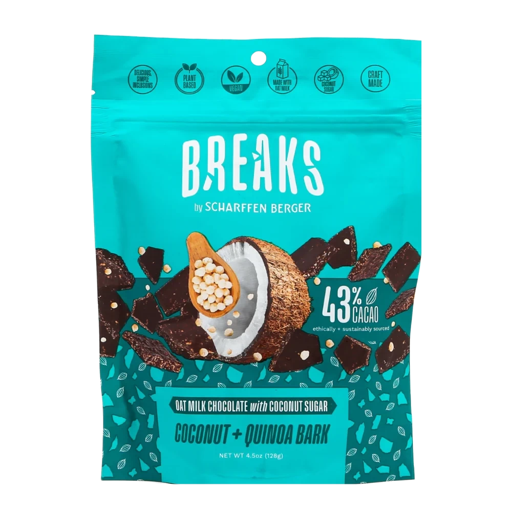 43% Oat Milk Chocolate with Coconut Sugar, Coconut and Quinoa Bark Pouch 128g