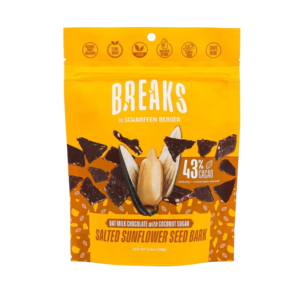 43% Oat Milk Chocolate with Coconut Sugar and Salted Sunflower Seeds Bark Pouch 128g