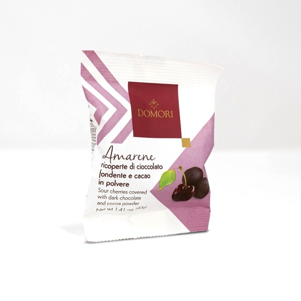 Domori Dragées Amarene Cubetti Cherries Covered in 72% Dark Chocolate - 40 g