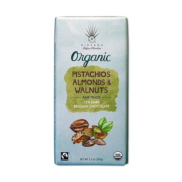 Nirvana Pistachios, Almonds & Walnuts Organic 72% Dark Chocolate Bar - 100 g