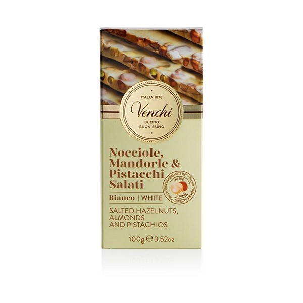 Venchi Hazelnuts with Salted Almonds & Pistachos 31% White Chocolate Bar - 100 g