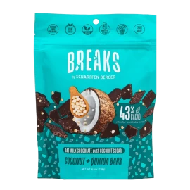 Scharffen Berger 43% Oat Milk Chocolate with Coconut Sugar, Coconut and Quinoa Bark Pouch 128g
